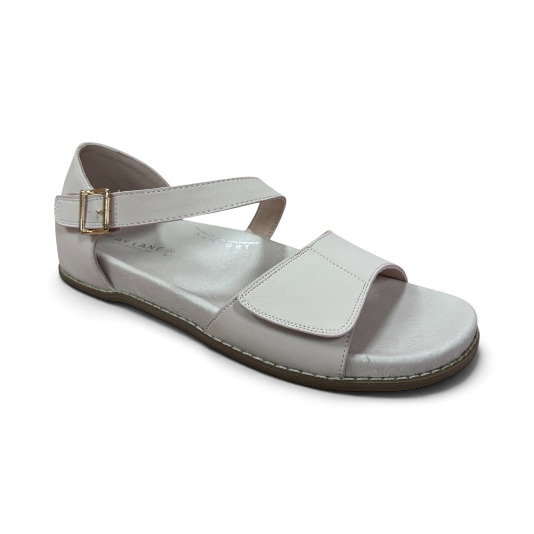 The Happy Shoe Shop Bay Lane Moonta sandals in soft beige with adjustable Velcro straps and cushioned arch support.