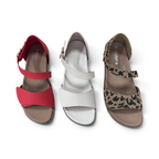 The Happy Shoe Shop Bay Lane Moonta sandals in red, white, and leopard print with adjustable Velcro straps.