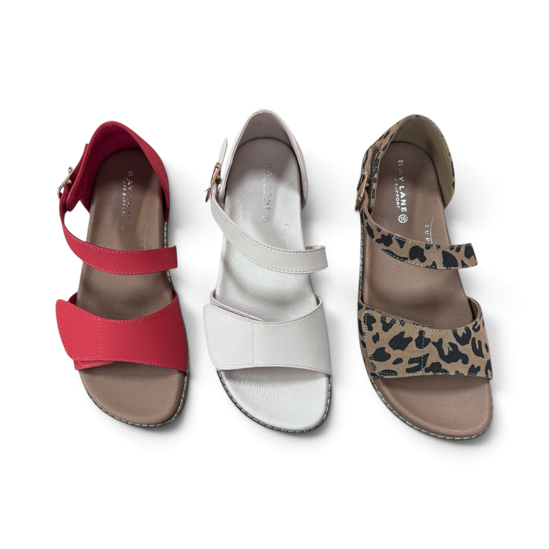 The Happy Shoe Shop Bay Lane Moonta sandals in red, white, and leopard print with adjustable Velcro straps.