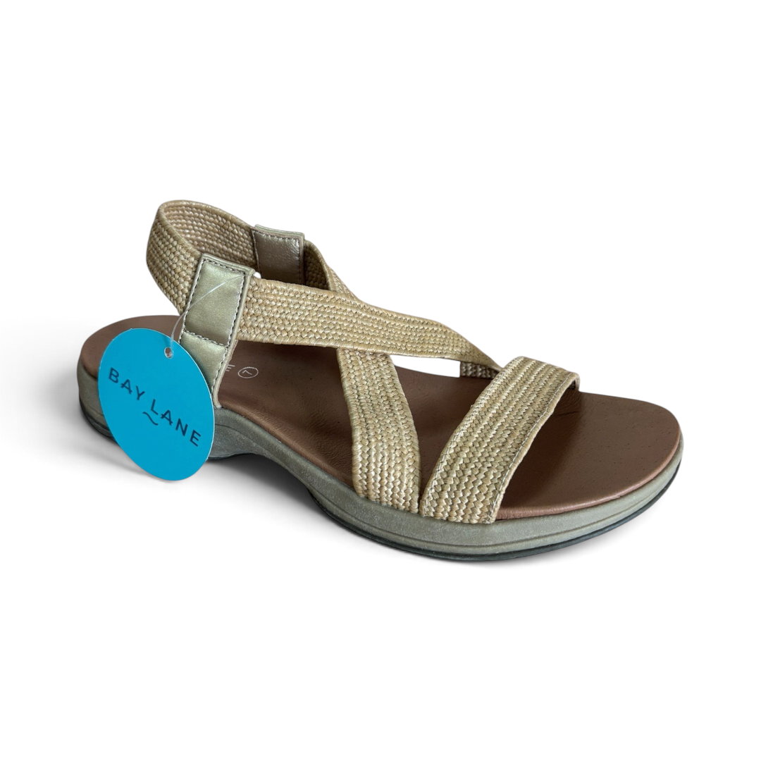 The Happy Shoe Shop Bay Lane Tash beige elastic sandals with cushioned footbed and supportive straps.
