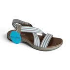 The Happy Shoe Shop Bay Lane Tash elastic sandals in beige and white stripes with a cushioned brown footbed.