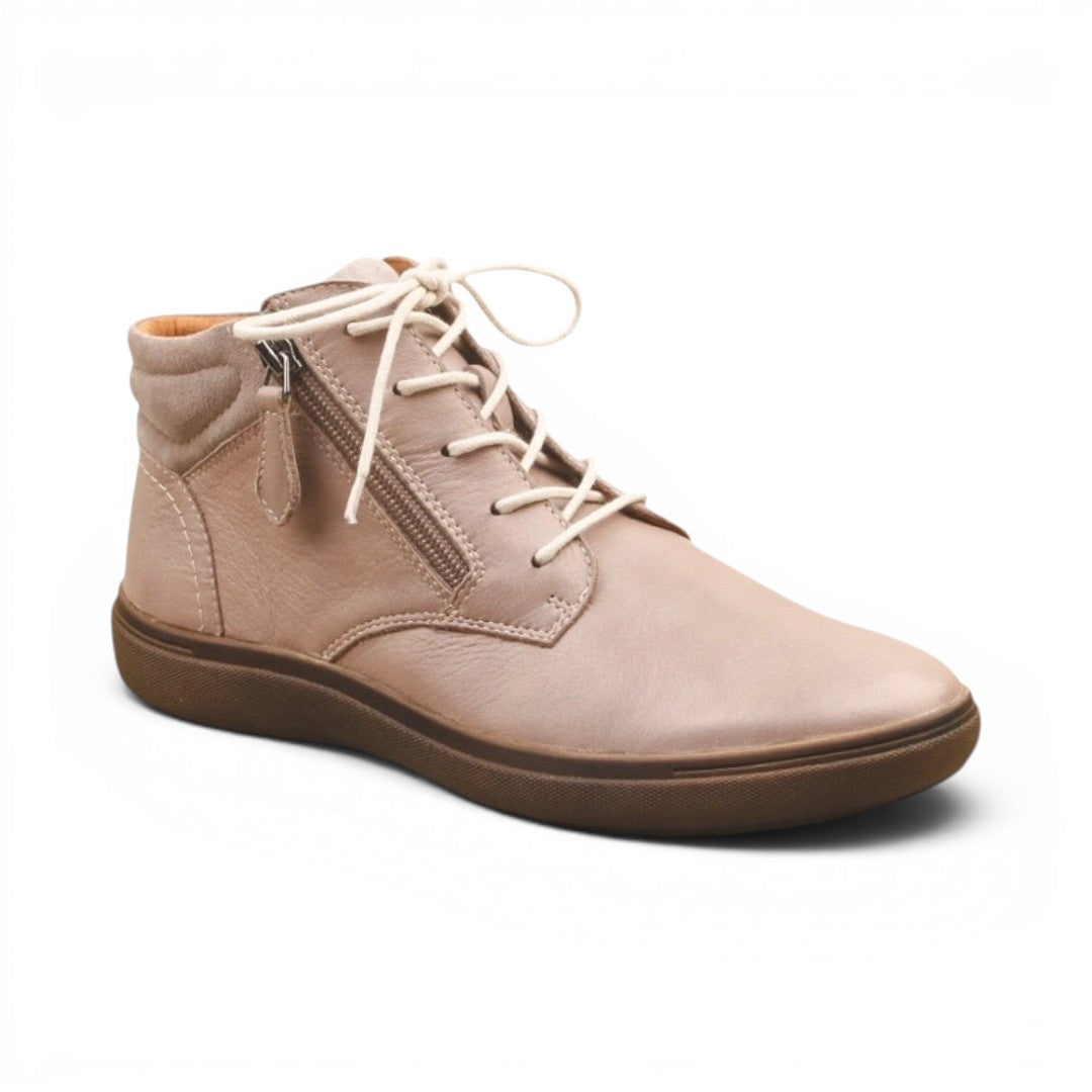 The Happy Shoe Shop CBD Clarry beige leather high-top sneaker with side zip and lace-up closure
