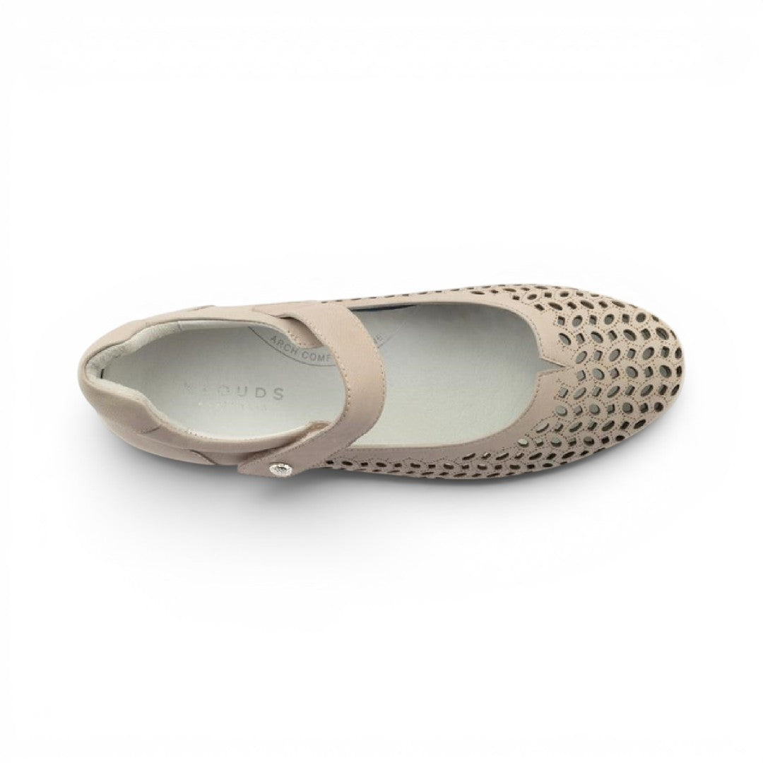 The Happy Shoe Shop Klouds Blissed beige leather Mary Jane shoe with perforated upper and adjustable velcro strap.