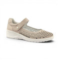 The Happy Shoe Shop Klouds Blissed beige leather Mary Jane with perforated upper, velcro strap, and cushioned sole.
