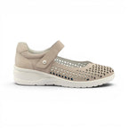 The Happy Shoe Shop Klouds Blissed beige leather Mary Jane shoe with perforated upper and adjustable velcro strap