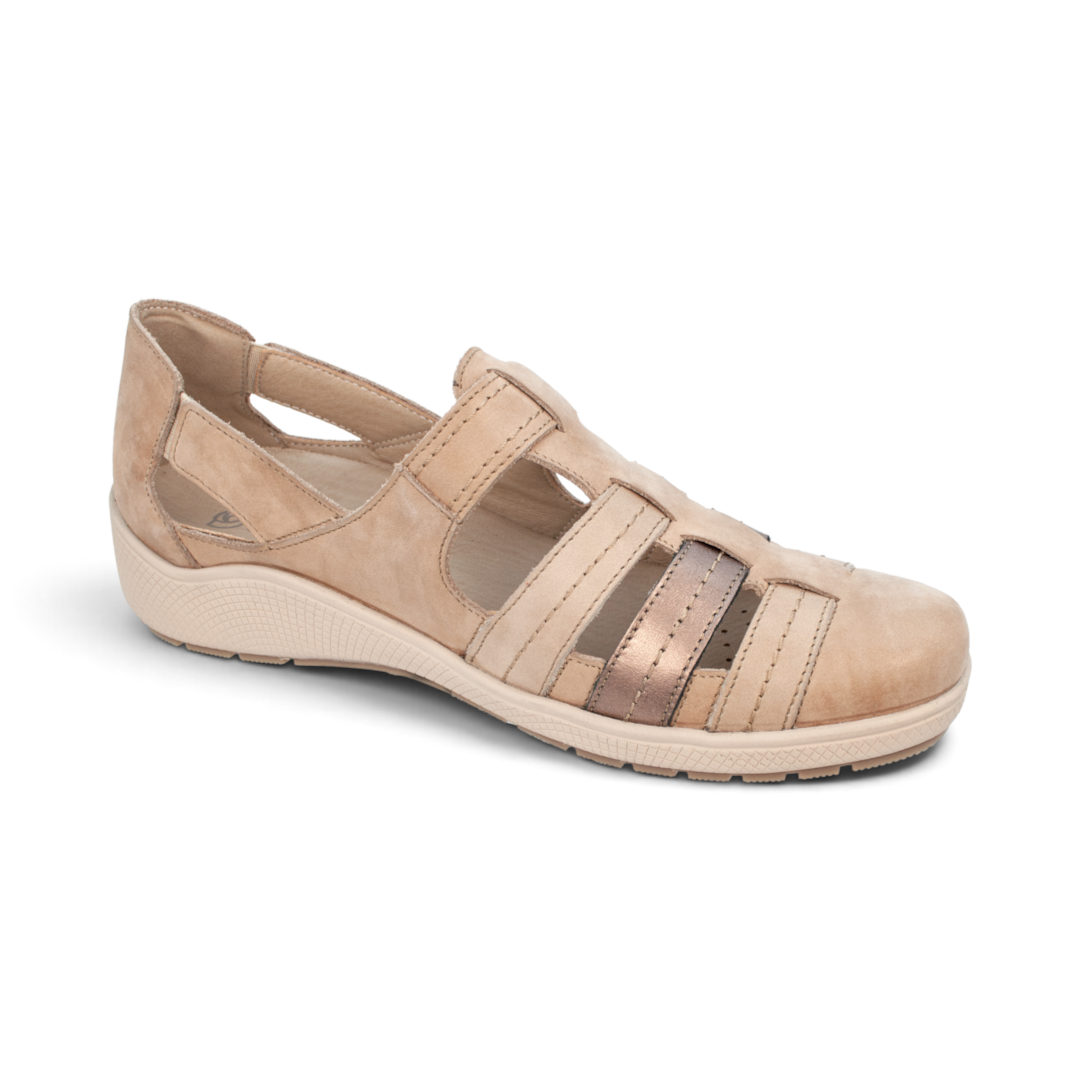 The Happy Shoe Shop Suave Portia beige leather T-bar flat shoe with adjustable velcro strap and cushioned sole