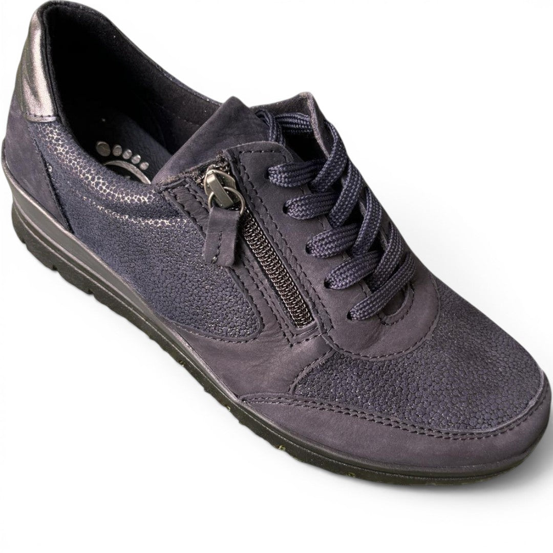 The Happy Shoe Shop black Aberdeen sneaker with side zipper, lace-up closure, and textured floral-patterned panels.