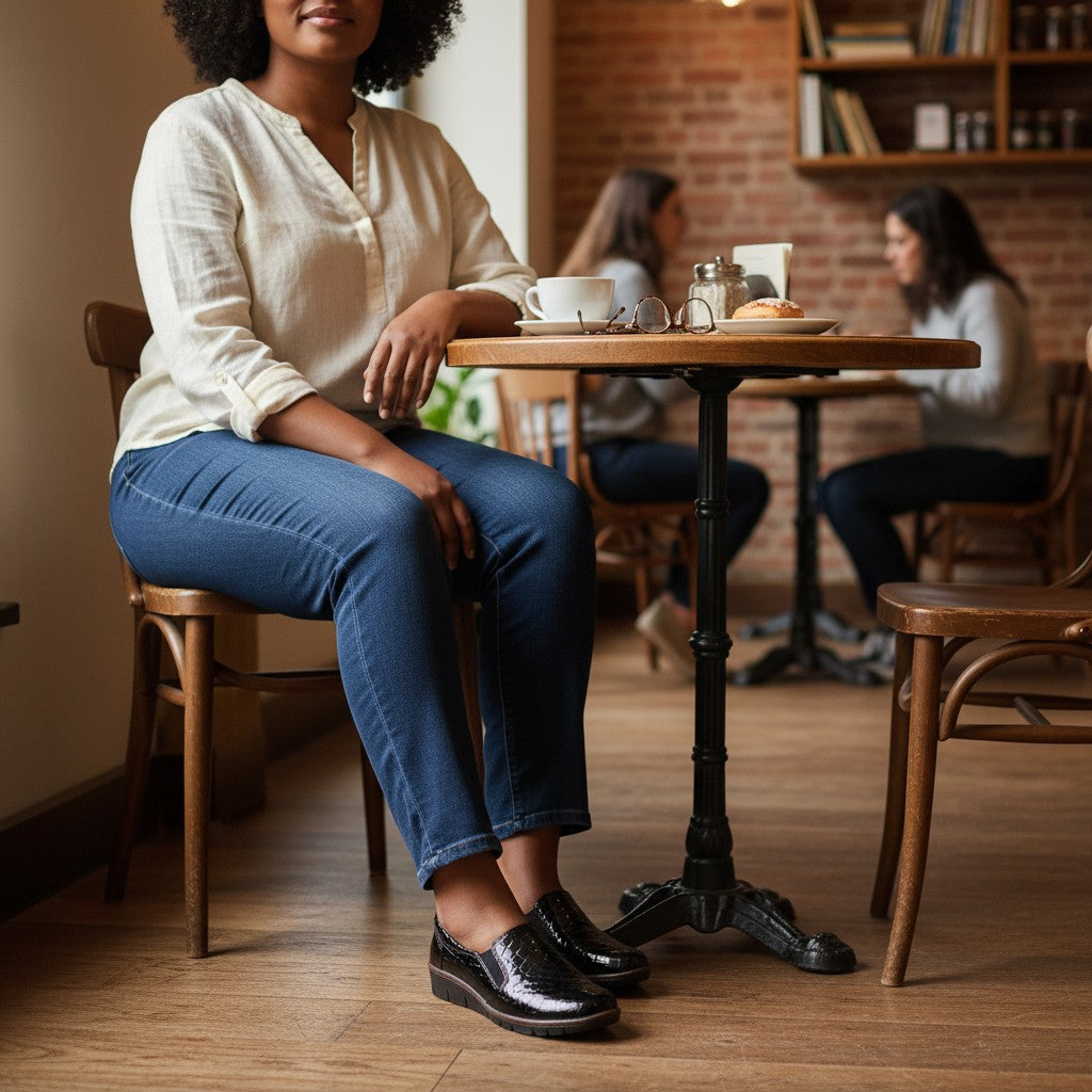 The Happy Shoe Shop black leather slip-on shoe with crocodile texture and elastic gussets.