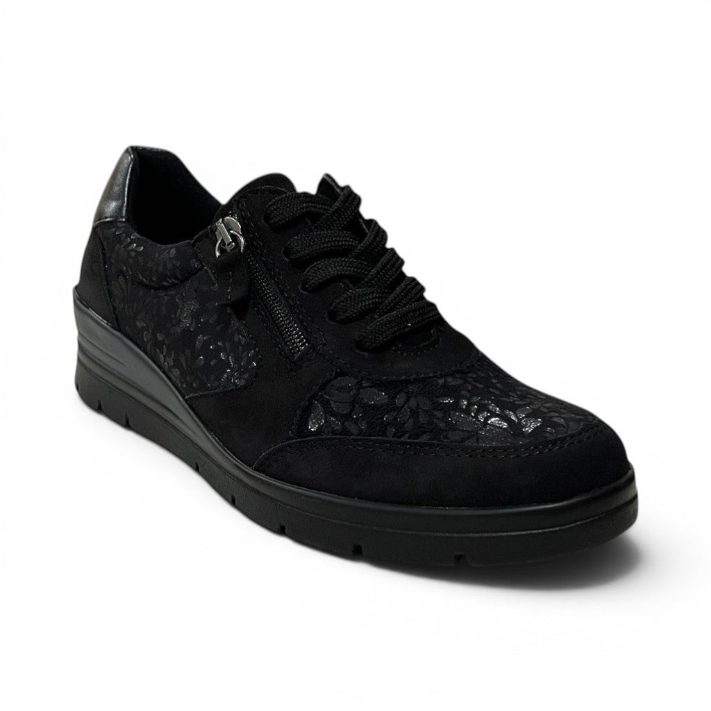The Happy Shoe Shop ACO Comfort Aberdeen black sneaker with floral patterned panels, side zipper, and lace-up closure.