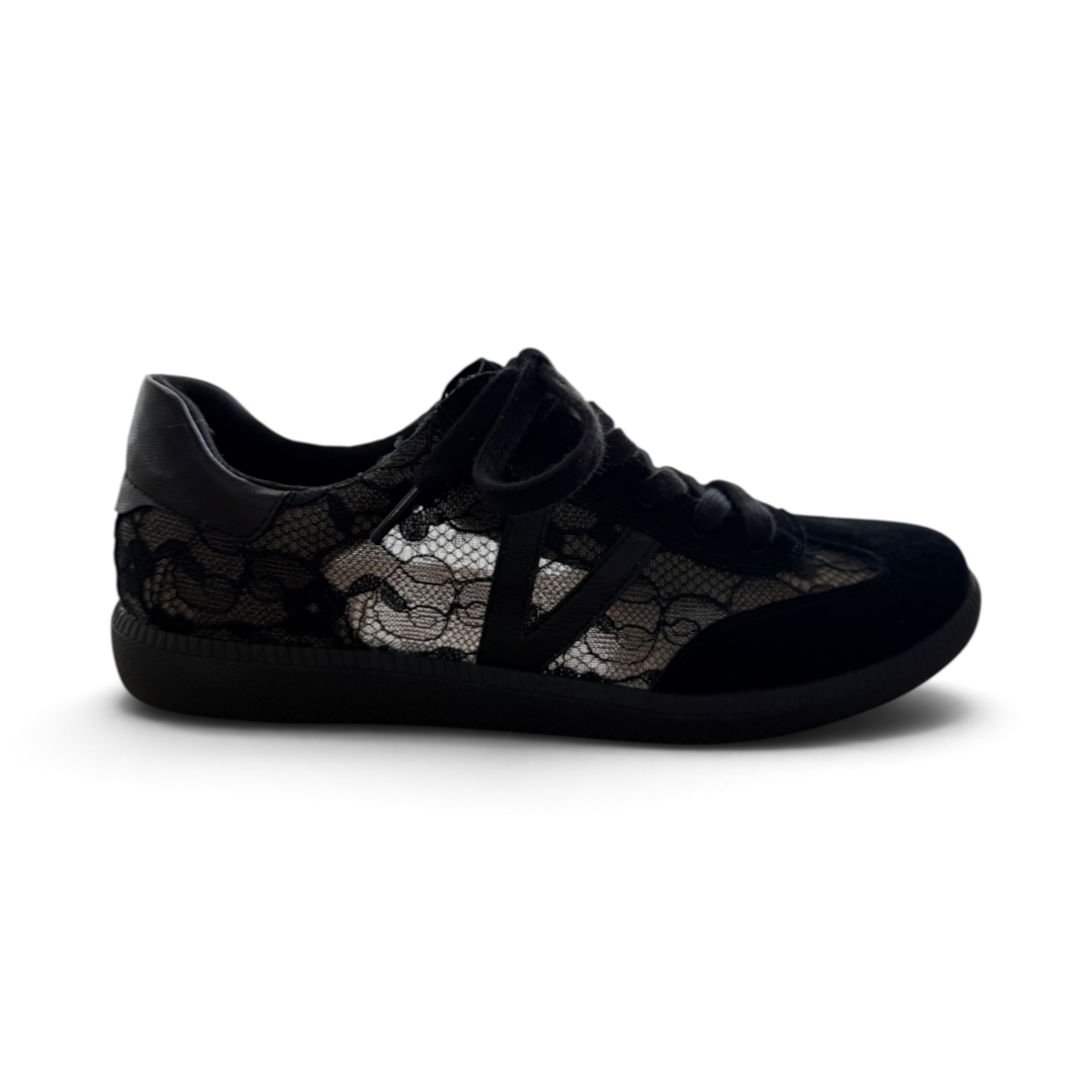 The Happy Shoe Shop Via Nova Flirt black lace sneaker with a low-top design and secure lace-up fastening.
