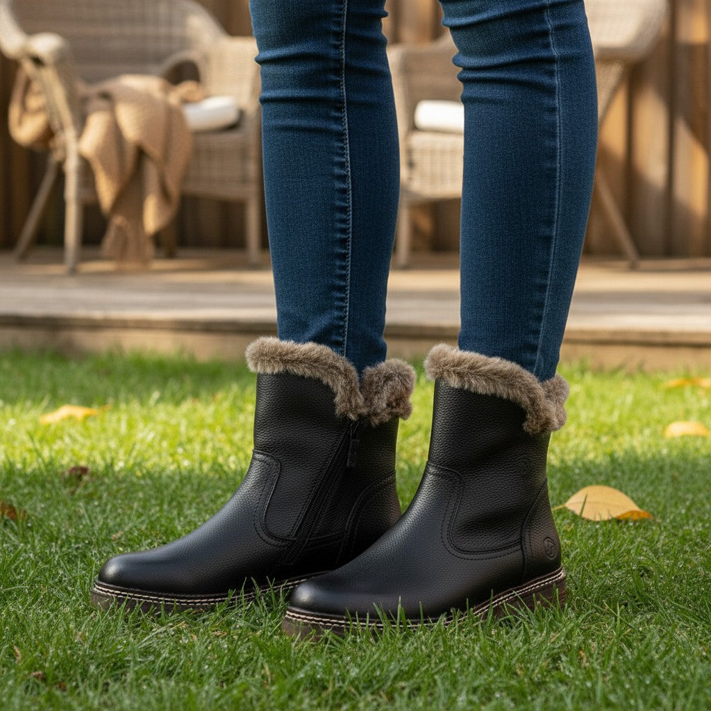 The Happy Shoe Shop black leather ankle boots with fur trim and side zipper. Water-repellent and warm.