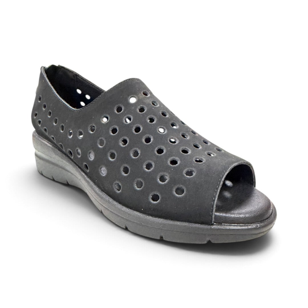 The Happy Shoe Shop Via Nova Lance black leather peeptoe shoes with square perforation detail and zip heel