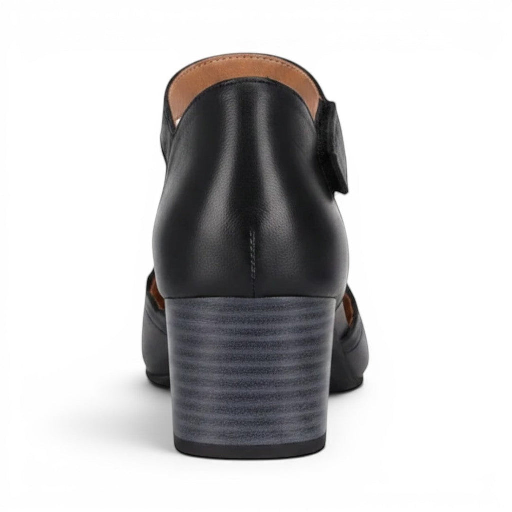 The Happy Shoe Shop black leather Safran closed heel with adjustable Velcro strap and 50mm block heel.