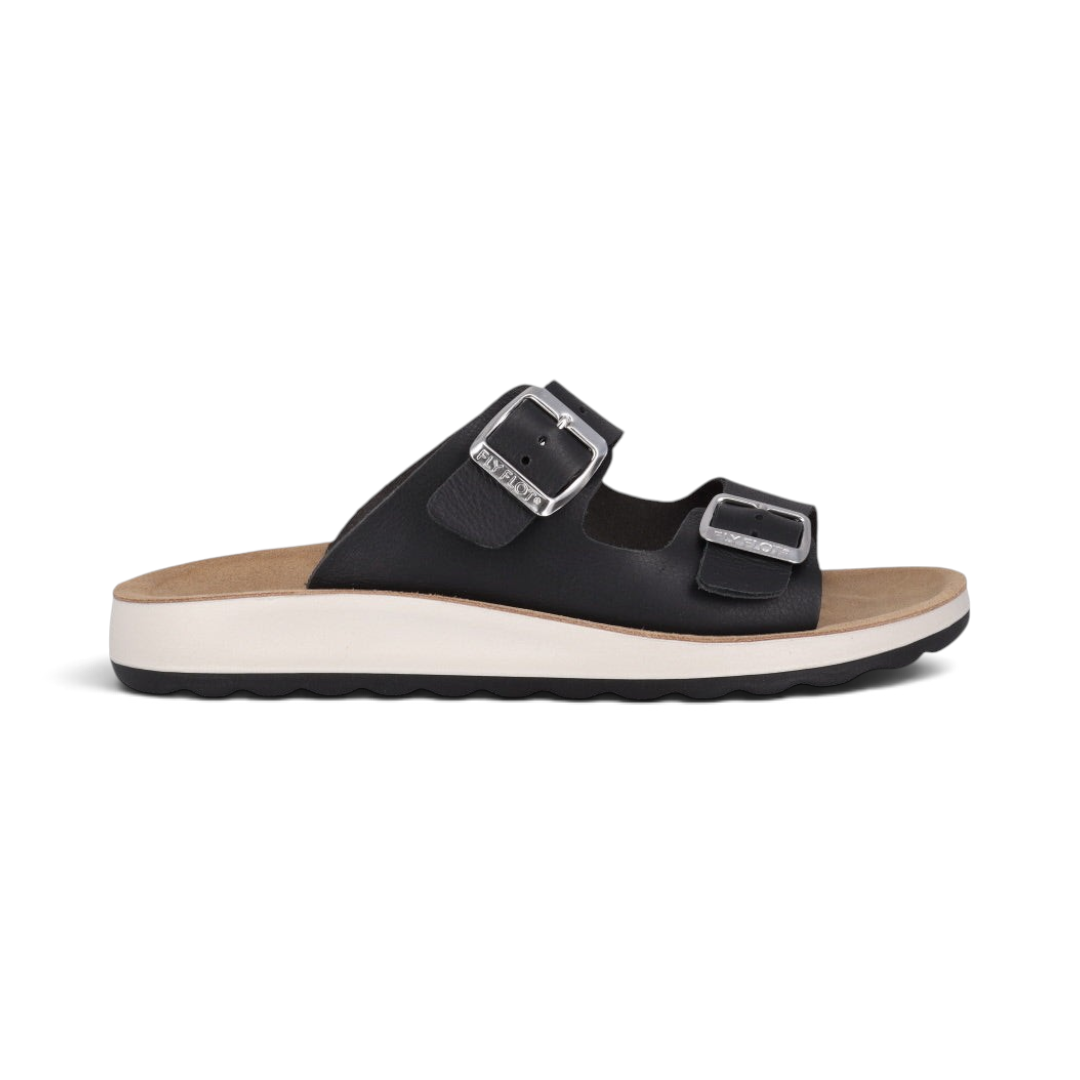 The Happy Shoe Shop Fly Flot black leather slide sandals with adjustable buckle straps and a cushioned sole