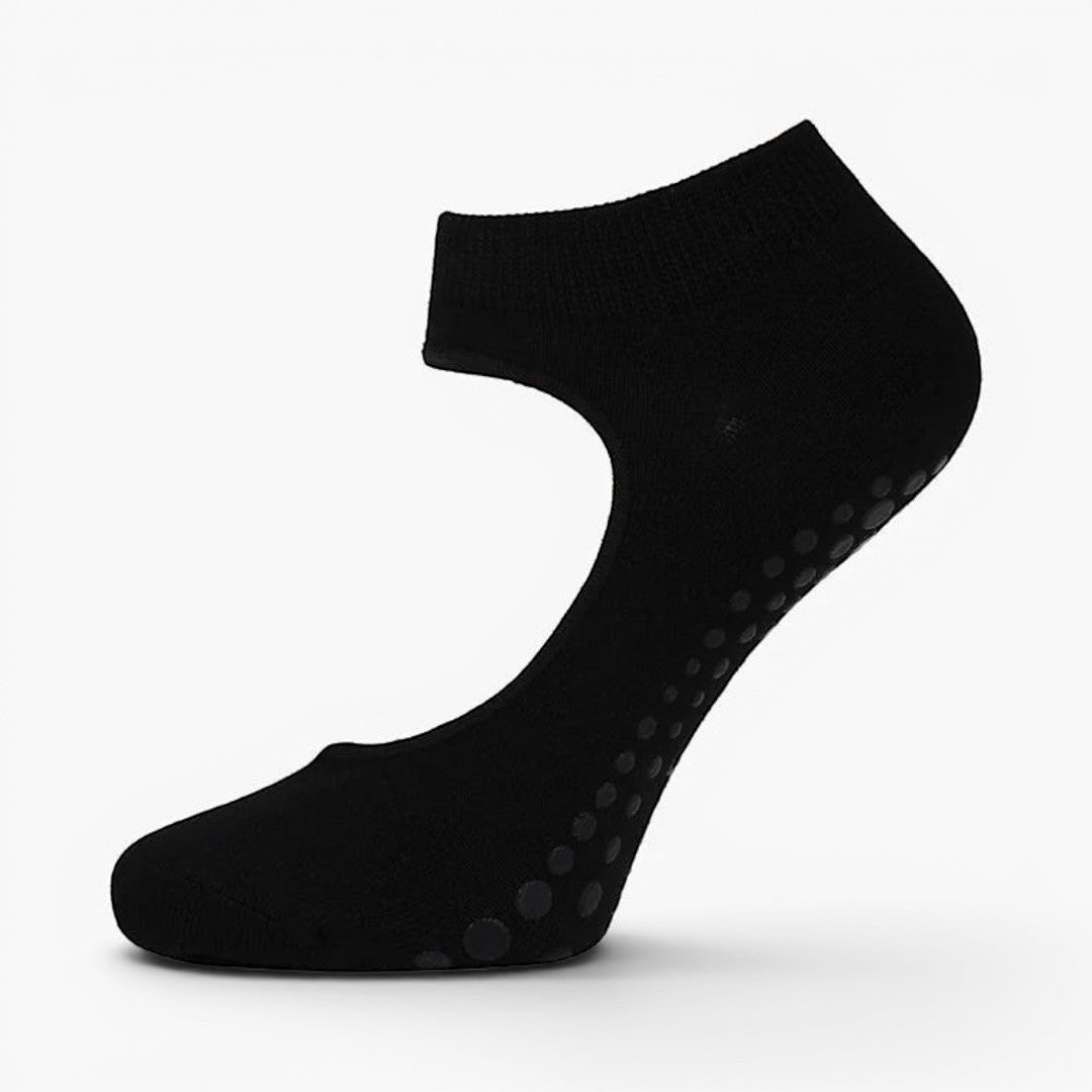 The Happy Shoe Shop Pussyfoot black bamboo cotton pilates grip socks with cut-out design and silicone grips