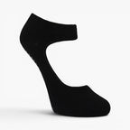 The Happy Shoe Shop Pussyfoot black bamboo cotton grip socks for Pilates, yoga, and barre. Features cut-outs and non-slip sole.