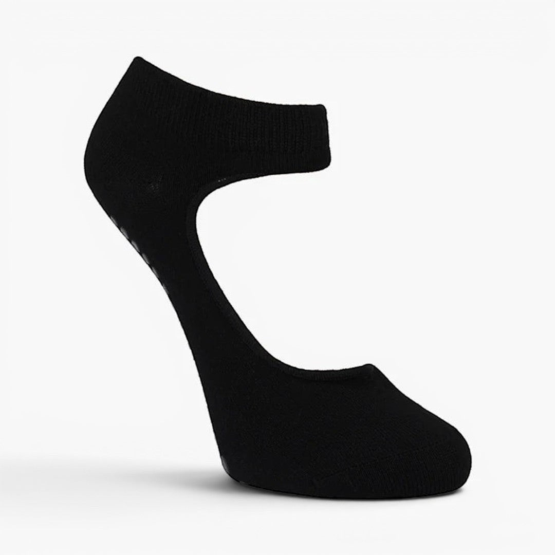 The Happy Shoe Shop Pussyfoot black bamboo cotton grip socks for Pilates, yoga, and barre. Features cut-outs and non-slip sole.