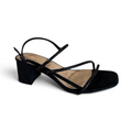 The Happy Shoe Shop Soultbush black block heel sandals with sparkling rhinestone straps and a square toe design.