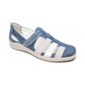 The Happy Shoe Shop Suave Portia blue leather T-bar flat shoe with adjustable velcro strap and cushioned sole