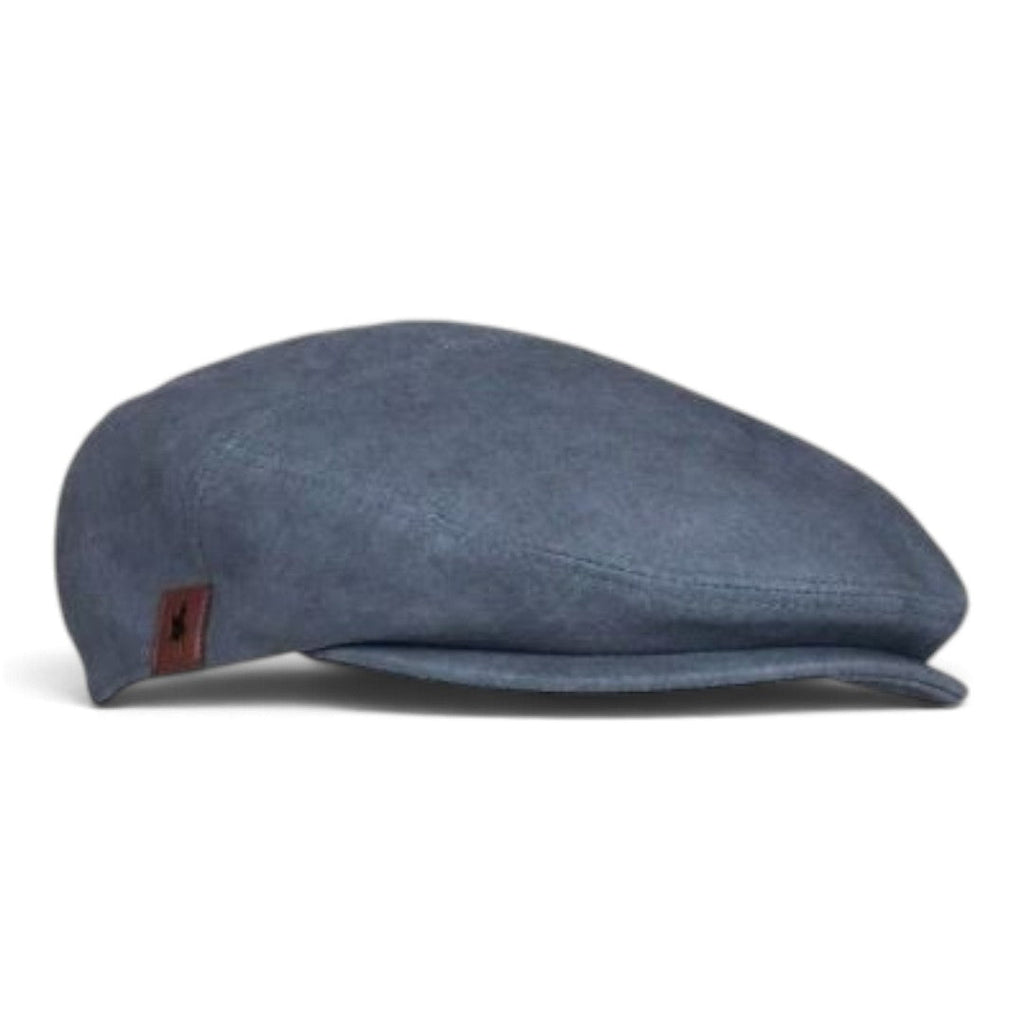 The Happy Shoe Shop Thomas Cook Evan driver cap in blue linen with a logo embossed trim and tailored fit.