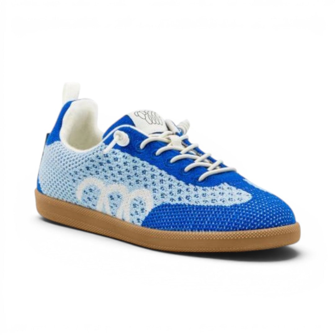 The Happy Shoe Shop Woolloomooloo Engadine blue and white knitted Merino wool sneaker with elastic laces and gum sole