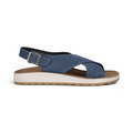 The Happy Shoe Shop Fly Flot 77G69 blue suede sandals with a cross-strap design and adjustable buckle back strap.