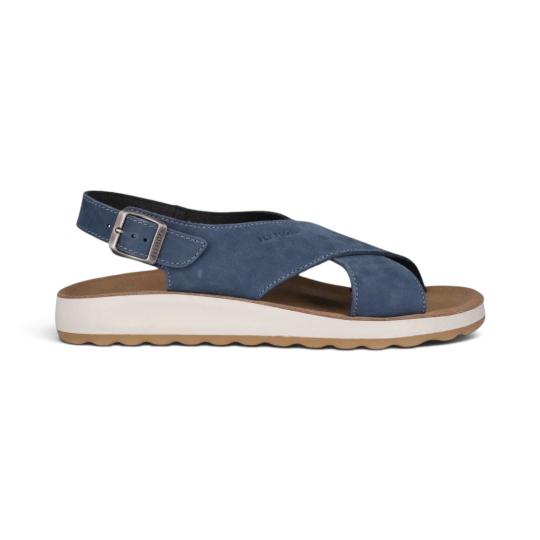 The Happy Shoe Shop Fly Flot 77G69 blue suede sandals with a cross-strap design and adjustable buckle back strap.