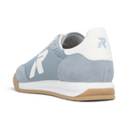 The Happy Shoe Shop blue textile sneakers with white accents, featuring a low-top design and gum rubber outsole.