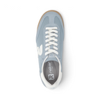 Top view of The Happy Shoe Shop blue textile Rieker sneakers with white laces and a gum rubber outsole.