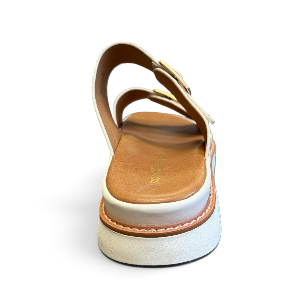 The Happy Shoe Shop Soultbush Mission sandal in bone with adjustable straps and a comfortable platform sole