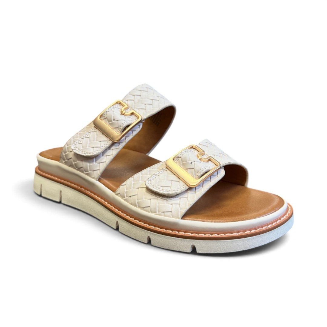 The Happy Shoe Shop Soultbush Mission sandal in bone with woven leather-look straps and gold-tone adjustable buckles.