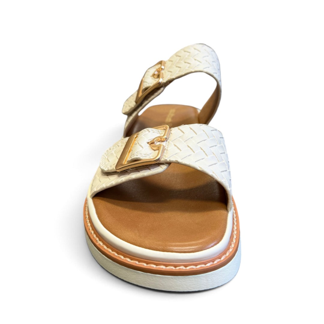 The Happy Shoe Shop Soultbush Mission sandal in bone with woven leather-look straps and adjustable gold buckles.