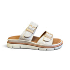 The Happy Shoe Shop Soultbush Mission sandal in bone with woven leather-look straps and adjustable gold buckles.