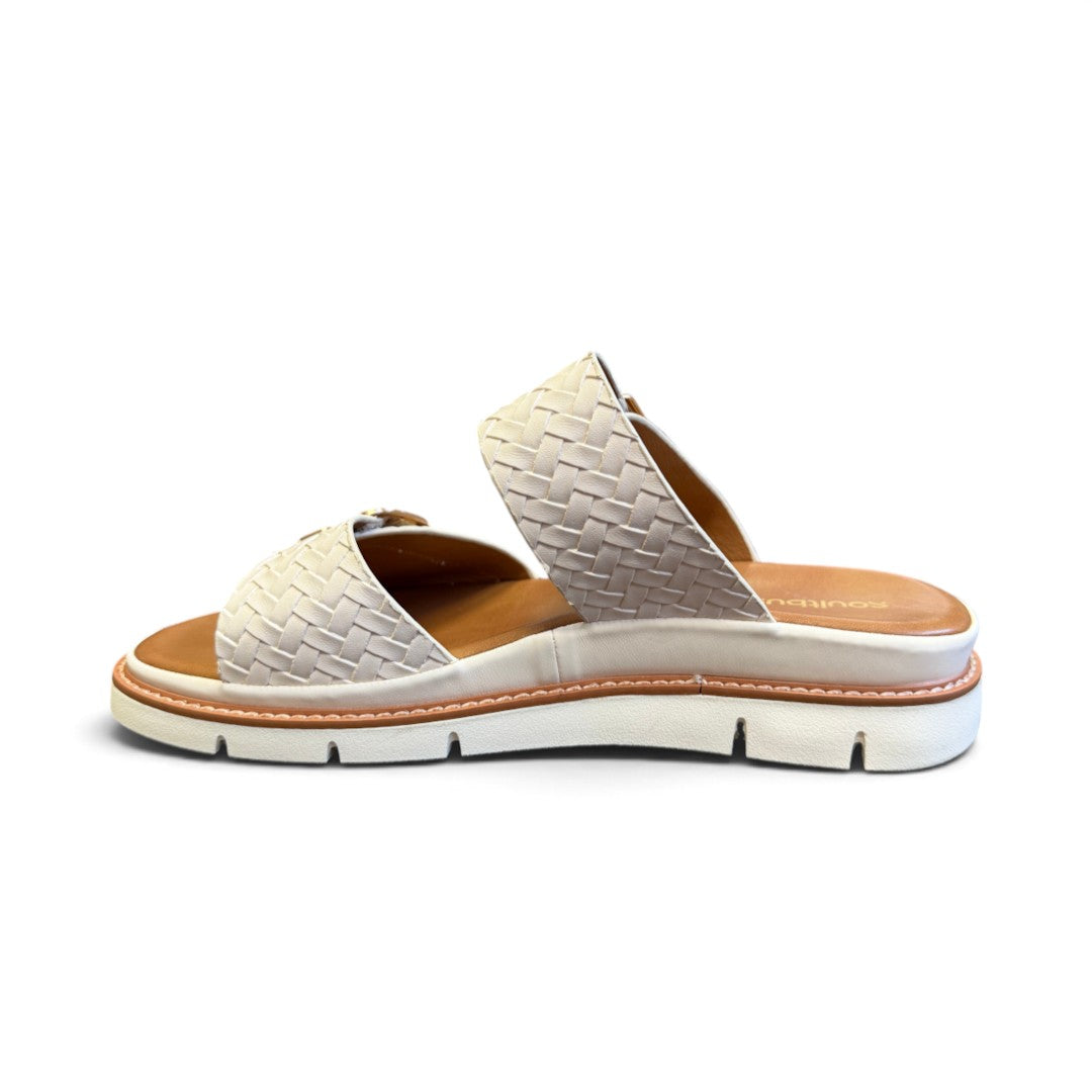 The Happy Shoe Shop Soultbush Mission bone sandal with woven leather-look straps and a comfortable white platform sole.