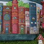 The Happy Shoe Shop Stella Tote with a bookshelf design featuring books like The Great Gatsby and A Tale of Two.