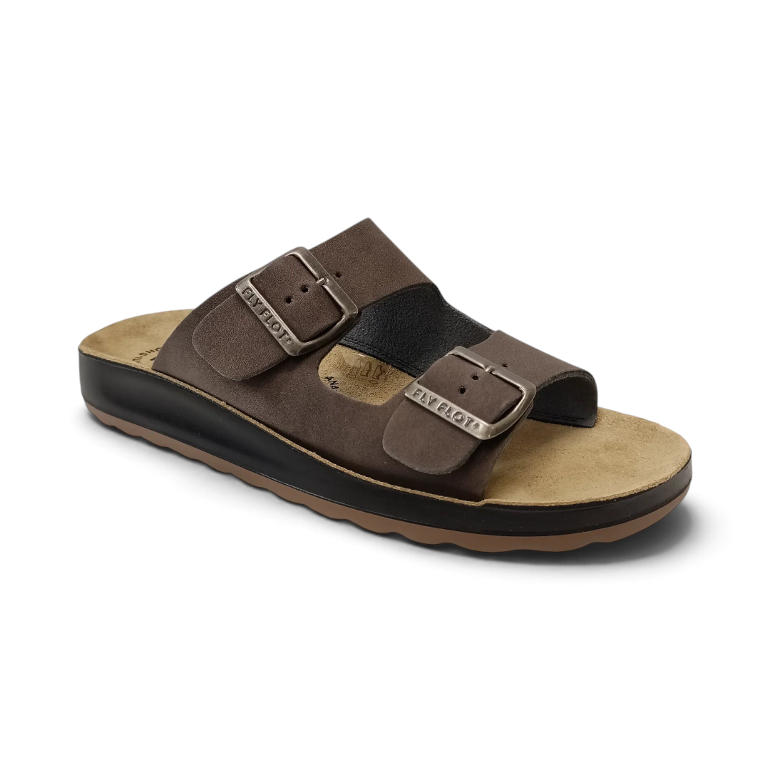 The Happy Shoe Shop Fly Flot brown faux leather double buckle slide sandals with anatomical sole
