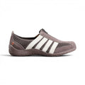 The Happy Shoe Shop CC Resorts Jada brown suede and mesh slip-on sneaker with white side stripes and rubber sole.