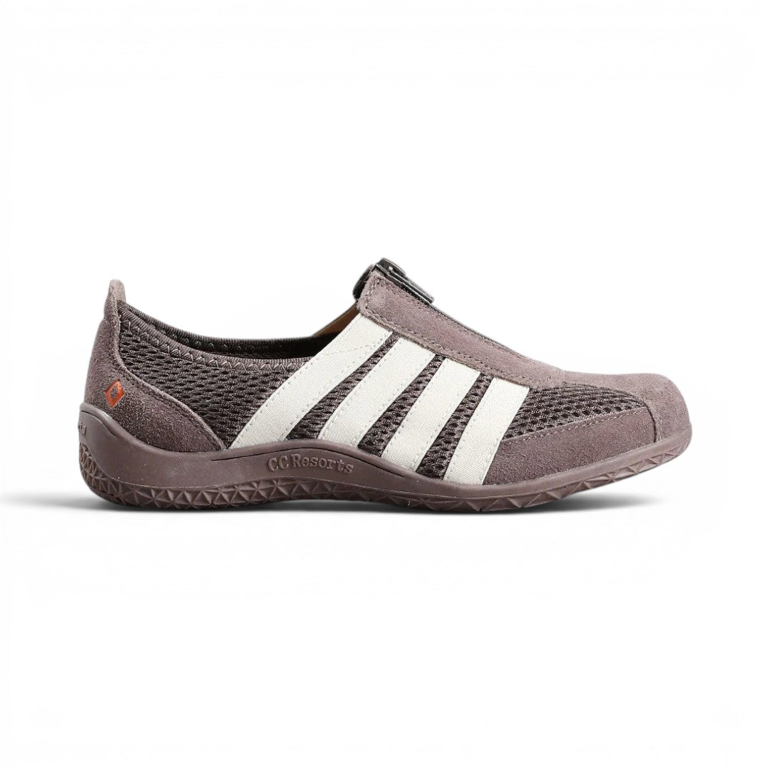The Happy Shoe Shop CC Resorts Jada brown suede and mesh slip-on sneaker with white side stripes and rubber sole.