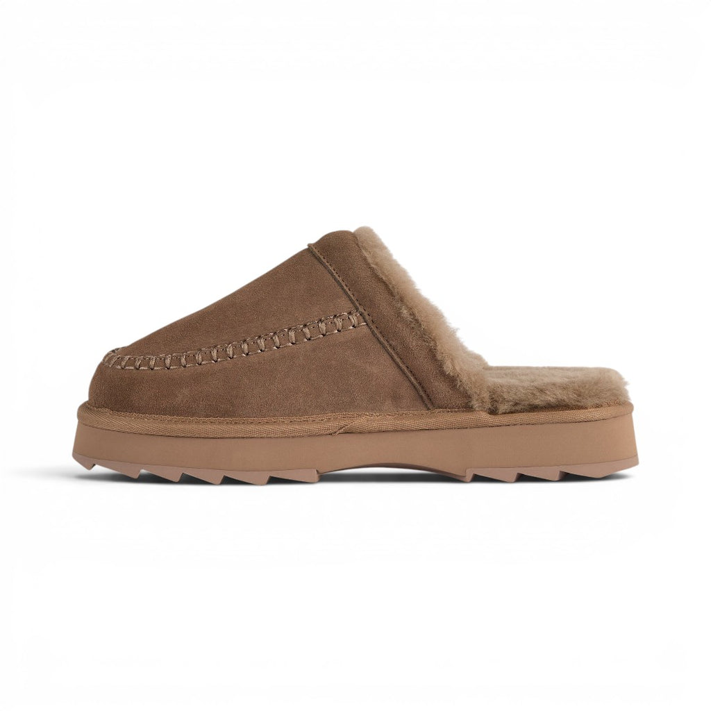 The Happy Shoe Shop Emu Sharky Slide in brown suede with plush sheepskin lining and a distinctive serrated sole.