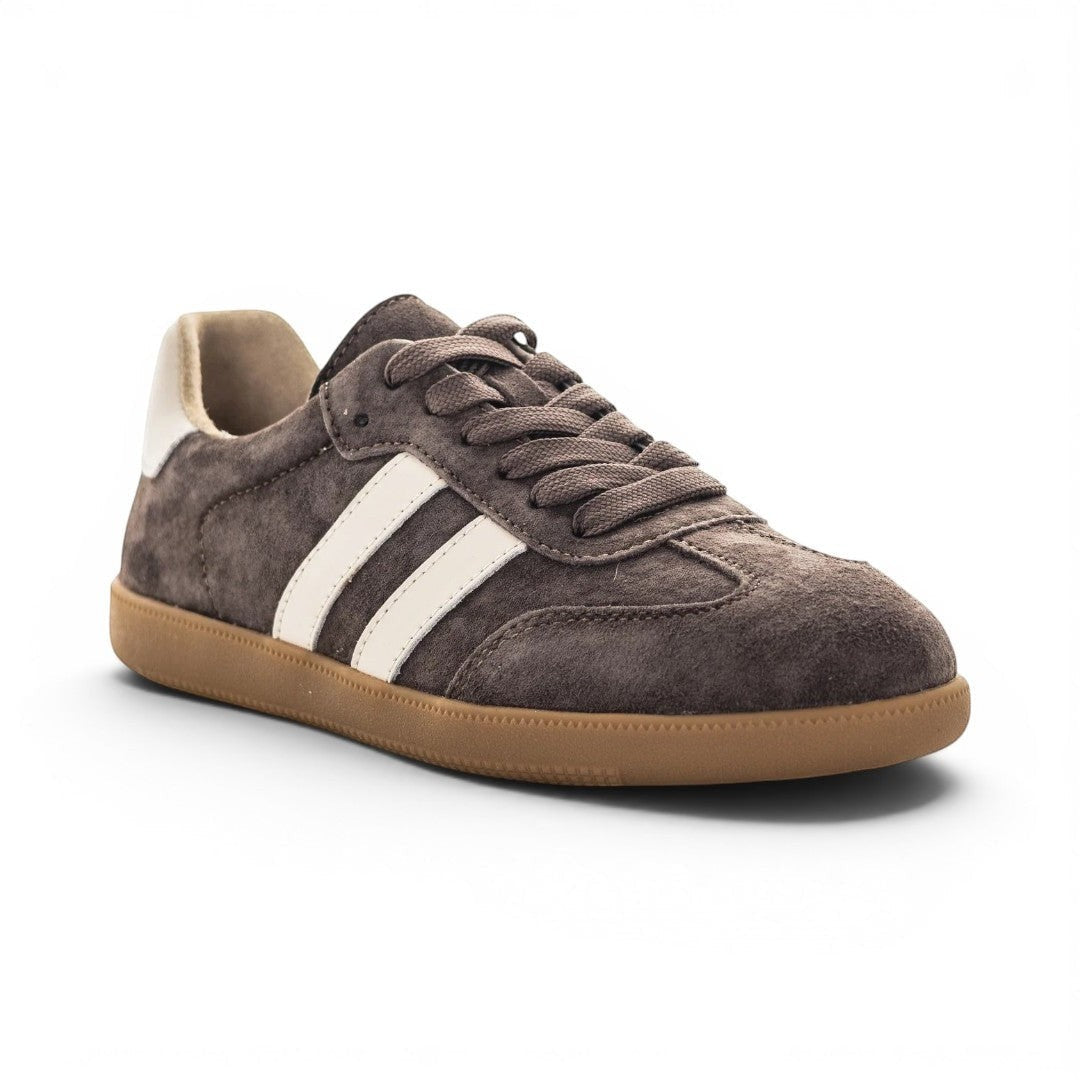 The Happy Shoe Shop Just Bee Crystal brown suede lace-up sneakers with white side stripes and a gum rubber sole.