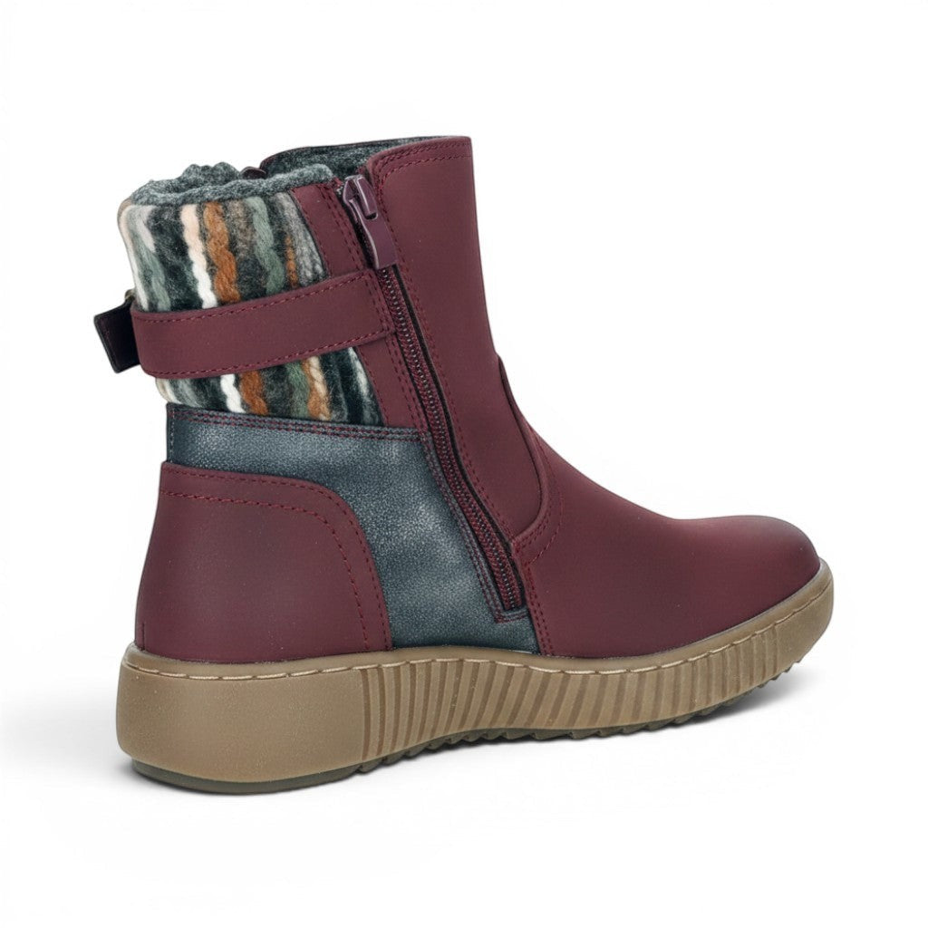 The Happy Shoe Shop CC Resorts Garrett Boot in burgundy faux leather with a patterned knit cuff and side zip.