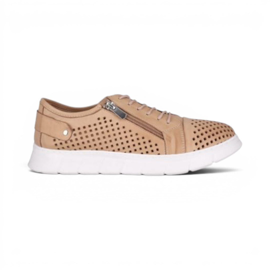The Happy Shoe Shop Cabello EG172 beige leather sneaker with punched detailing, side zip, and white rubber sole.