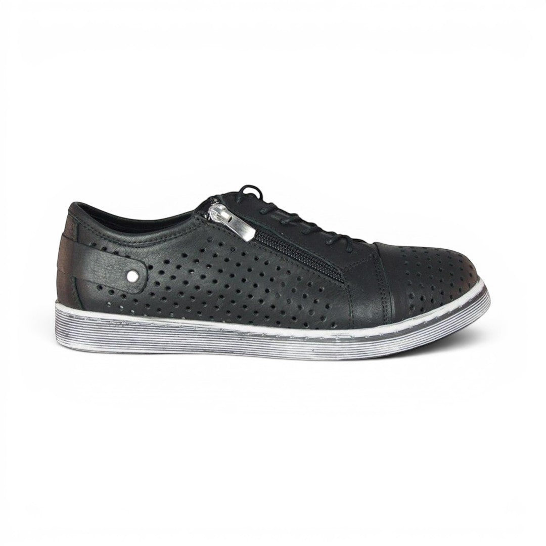 The Happy Shoe Shop Cabello EG17 black leather sneaker with laser-cut perforation, side zip, and textured sole.