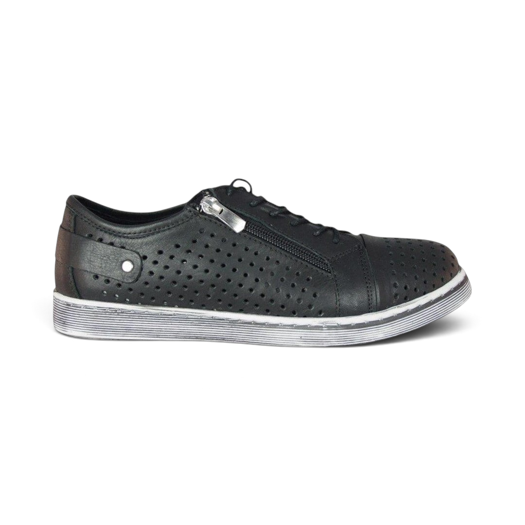 The Happy Shoe Shop Cabello EG17 black leather sneaker with perforated detailing, side zip, and flexible white sole.