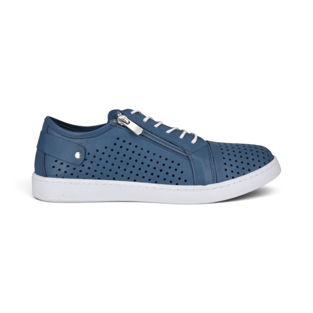 The Happy Shoe Shop Cabello EG17 blue perforated leather sneaker with side zip and white lace-up closure