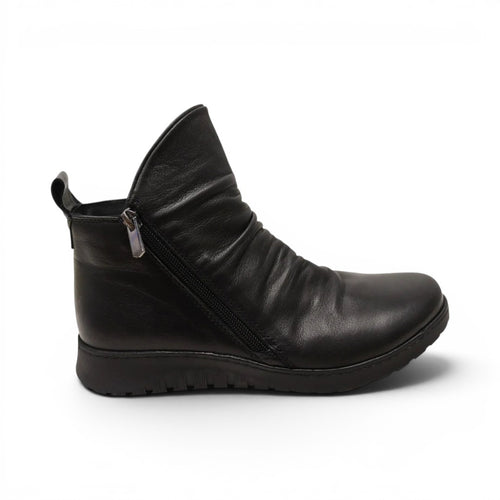 The Happy Shoe Shop Cabello Express black leather ankle boot with side zip, cushioned sole, and comfort fit design.