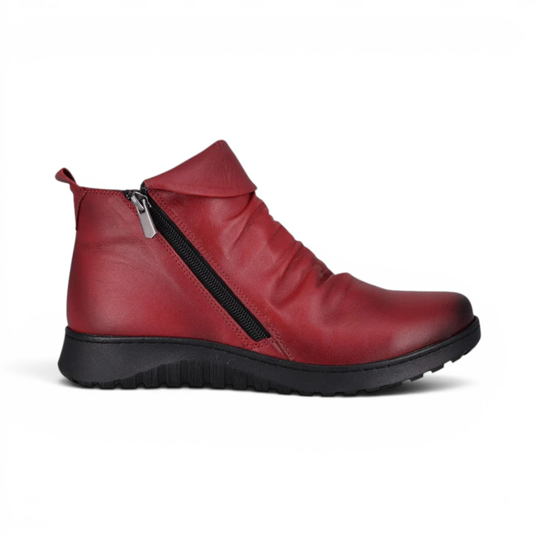 The Happy Shoe Shop Cabello Express red leather ankle boot with side zip, cushioned sole, and comfort fit design.
