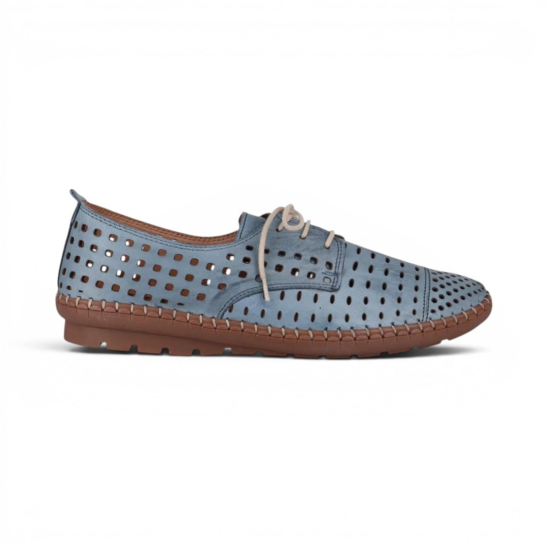 The Happy Shoe Shop Cabello Kroon blue leather lace-up shoe with perforated design and contrast stitched sole.