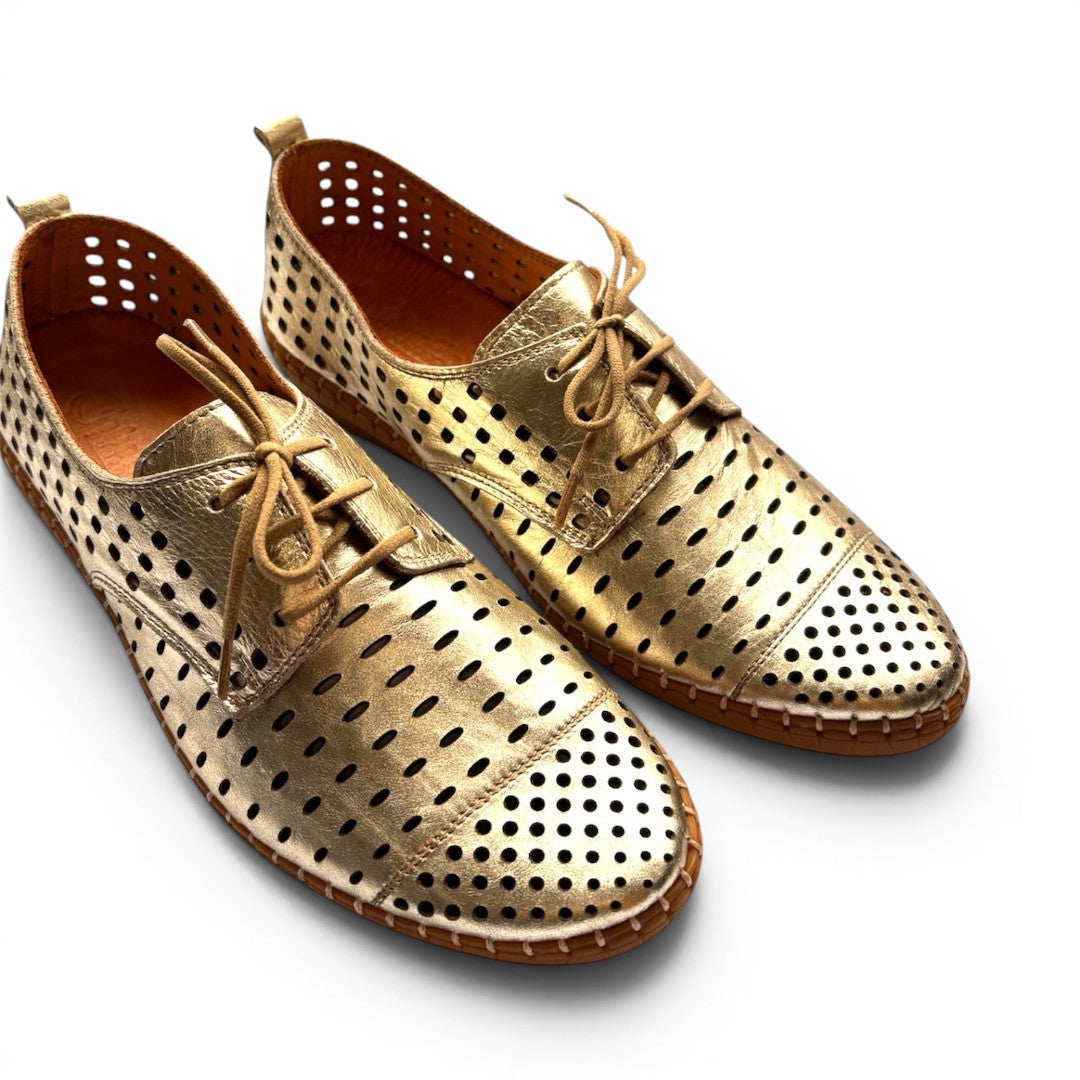 The Happy Shoe Shop Cabello Kroon gold leather lace-up shoes with perforated design and contrast stitched sole.