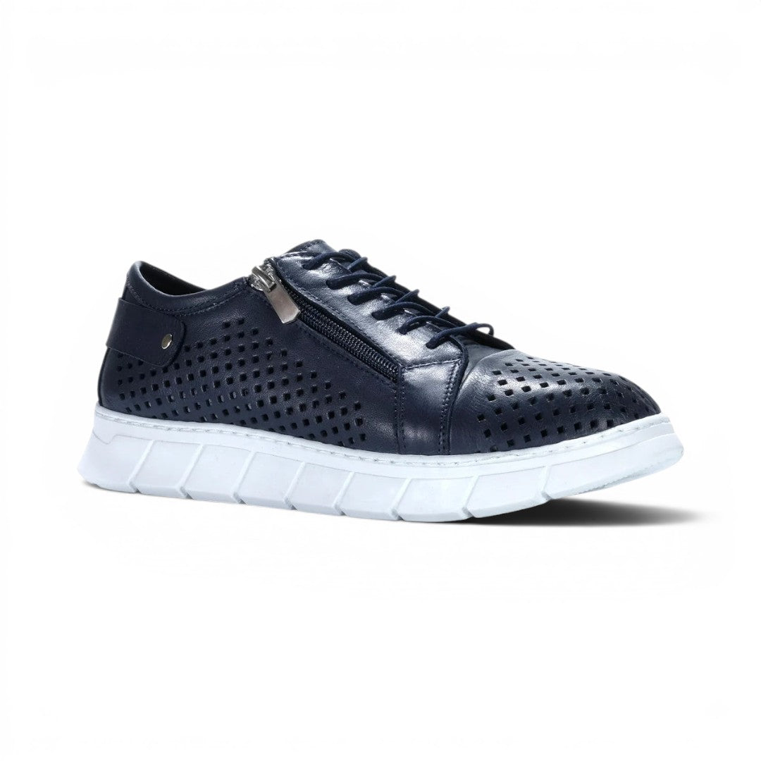 The Happy Shoe Shop Cabello EG172 navy blue leather sneaker with punched detailing, side zip, and white rubber sole.